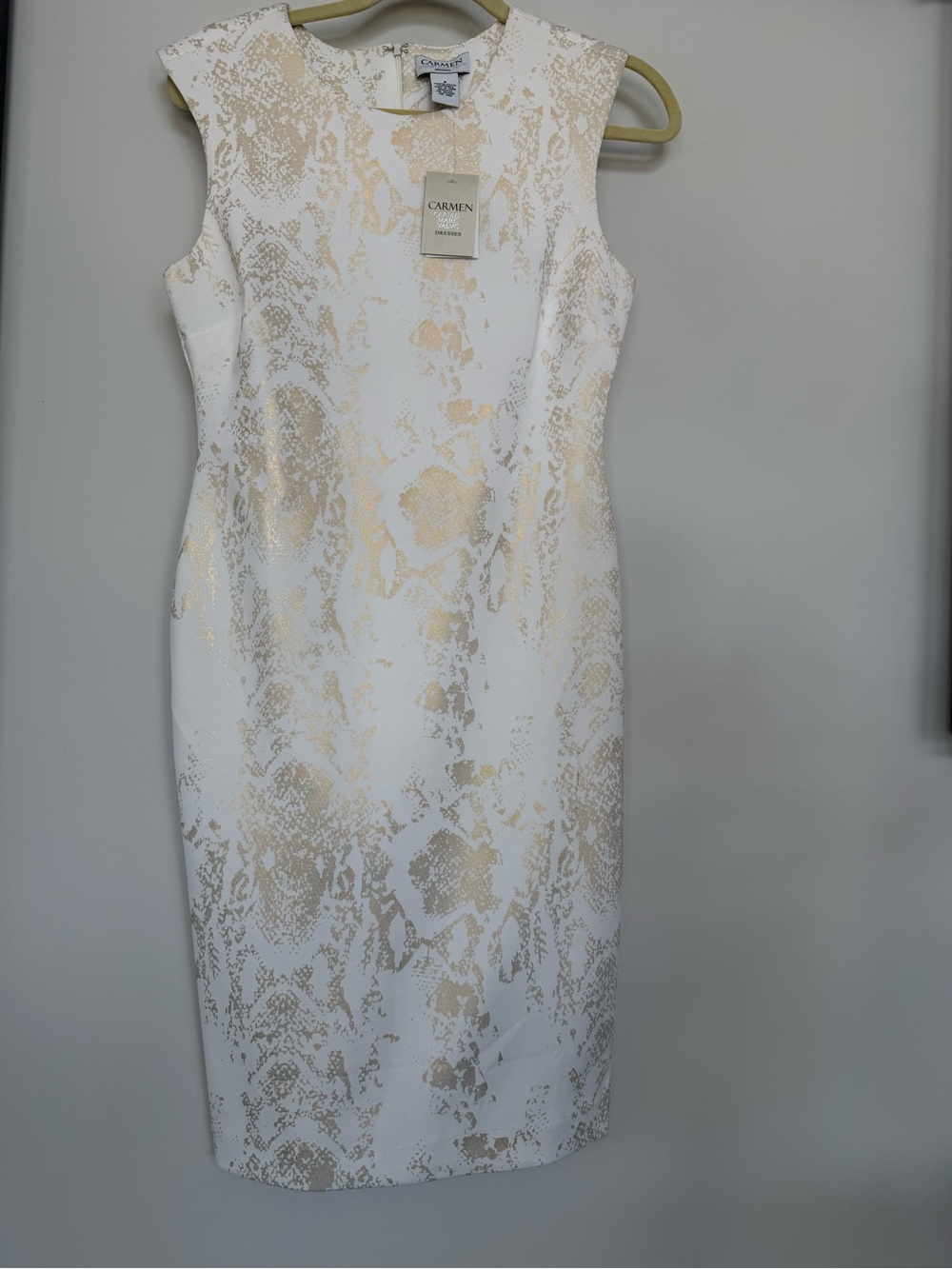 Carmen Marc Valvo White Dress with Gold Metallic Muted Reptile Pattern